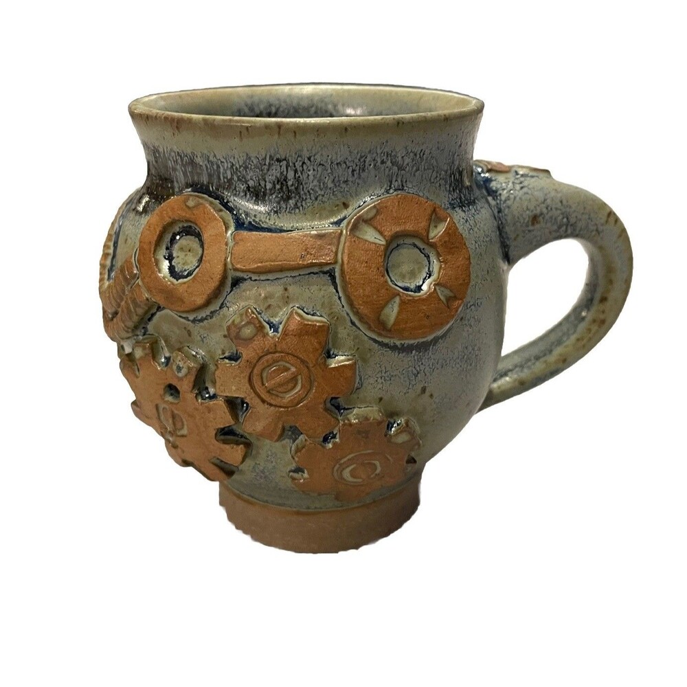 Ceramic Mug Handmade Studio Art Pottery Coffee Tea Cup Artist Signed Gears